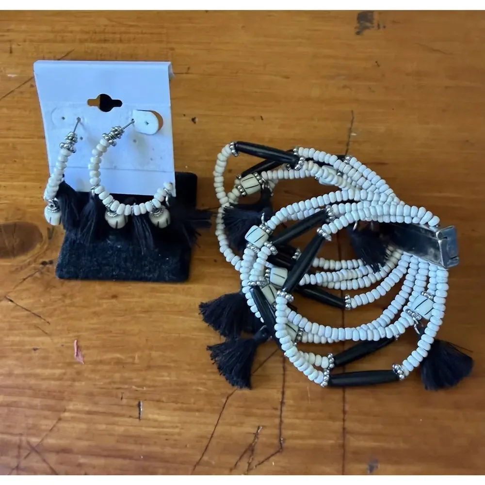 Boho Black White Beaded Bracelet Earrings Matching Set Tassel Statement Jewelry